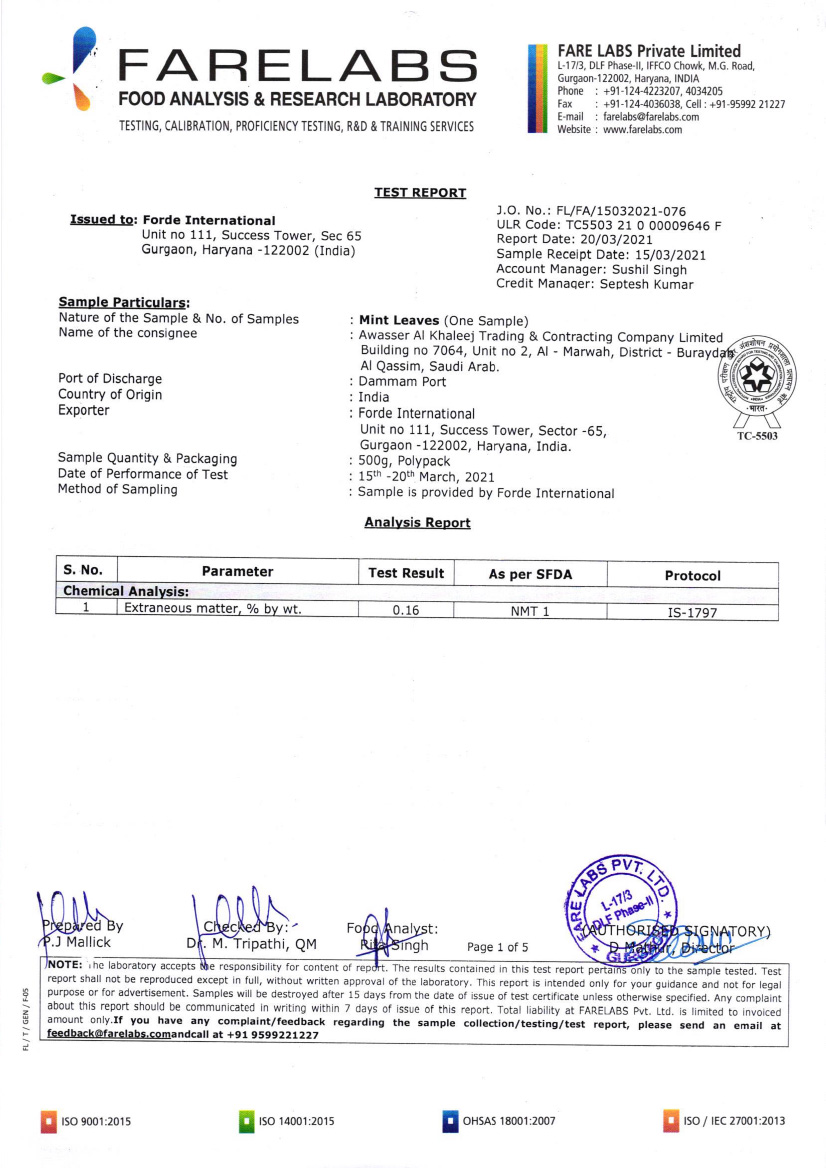 Test Report of Mint Leaves